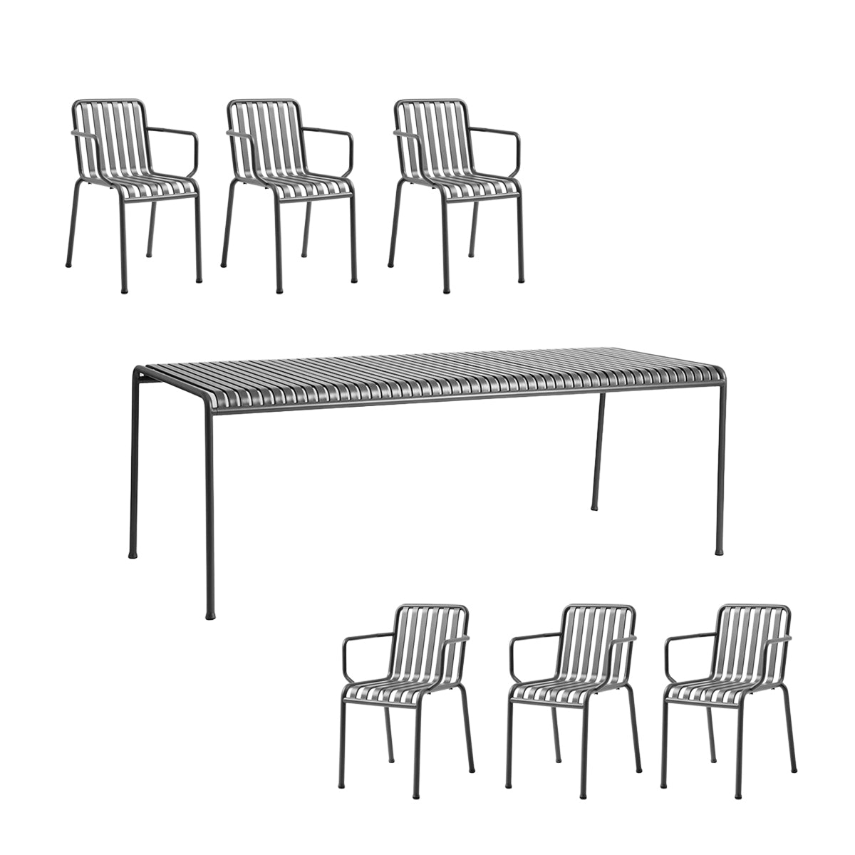 HAY Palissade Havesæt - 220cm + 6 Stole Med Armlæn - Anthracite