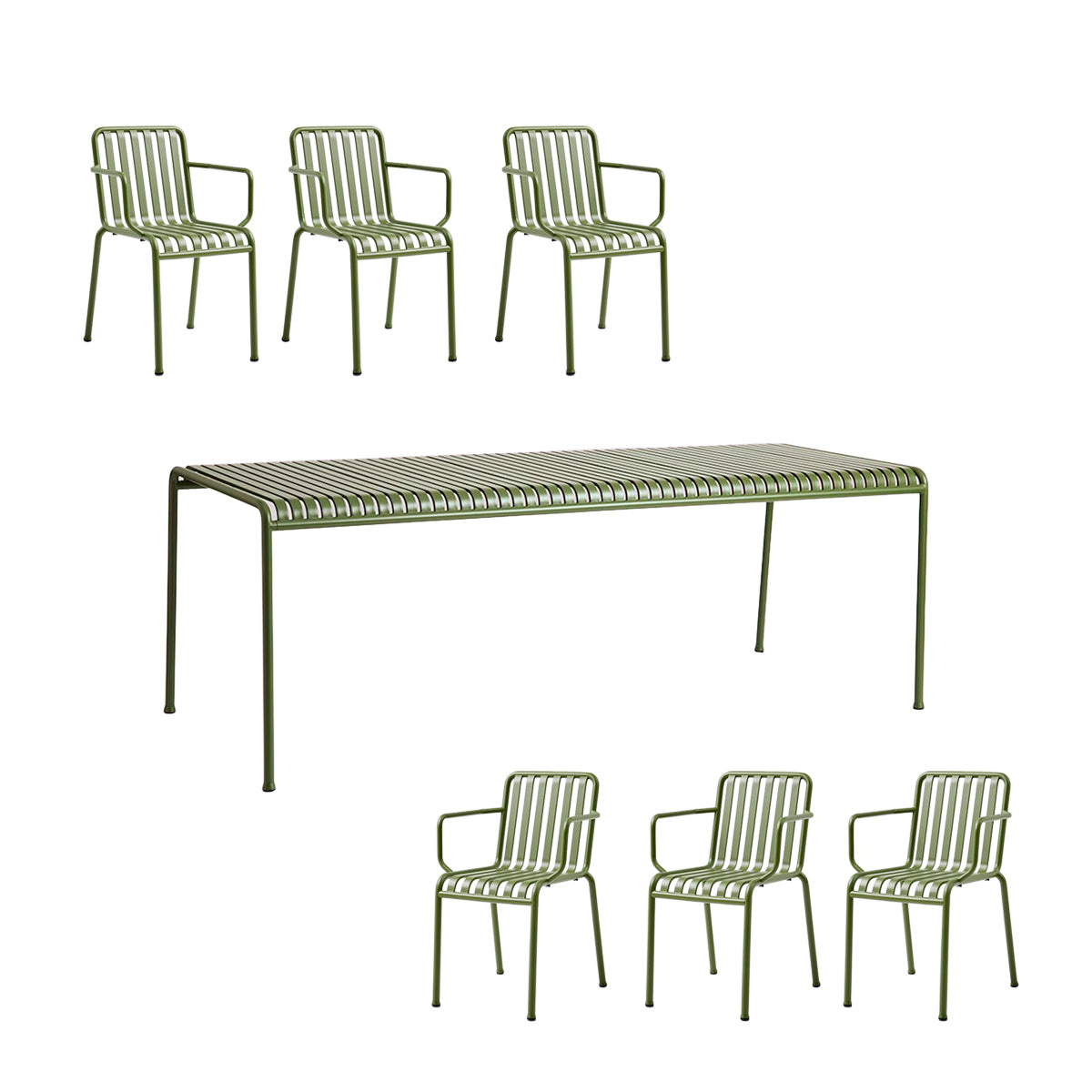 HAY Palissade Havesæt - 220cm + 6 Stole Med Armlæn - Olive