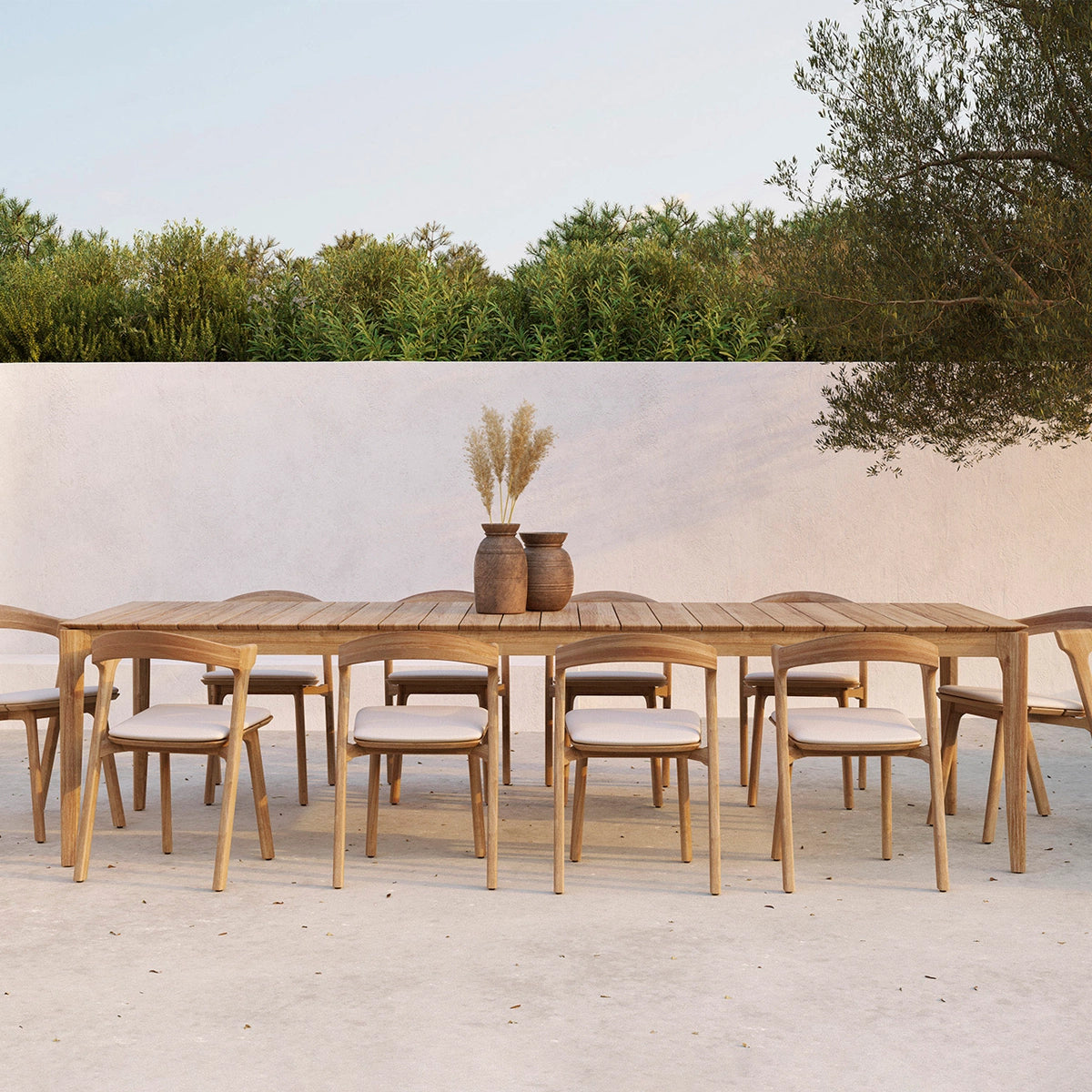 Ethnicraft Teak Bok Outdoor Dining Table - 300x110cm. + 8 Teak Bok Stole - DEMO.